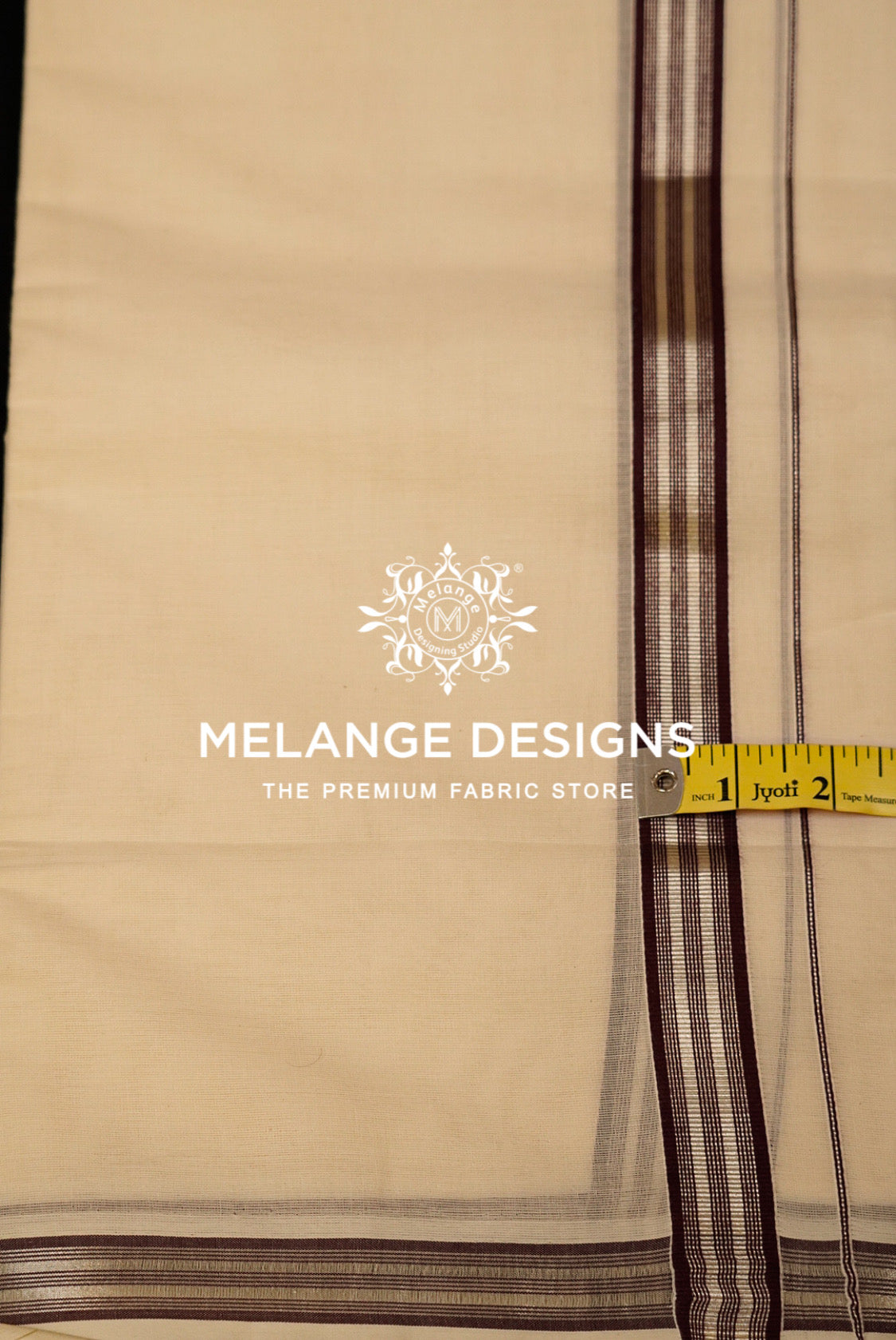Premium Cotton Dhoti For Men Cream with Maroon Multi-Stripe Border Close Up.
