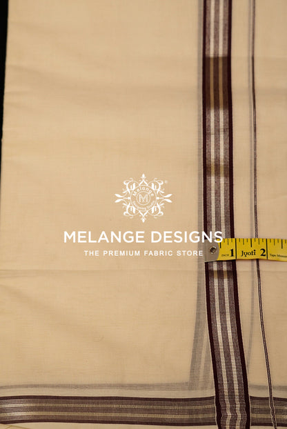 Premium Cotton Dhoti For Men Cream with Maroon Multi-Stripe Border Close Up.