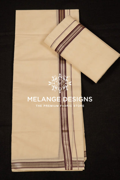 Premium Cotton Dhoti For Men Cream with Maroon Multi-Stripe Border Full View.