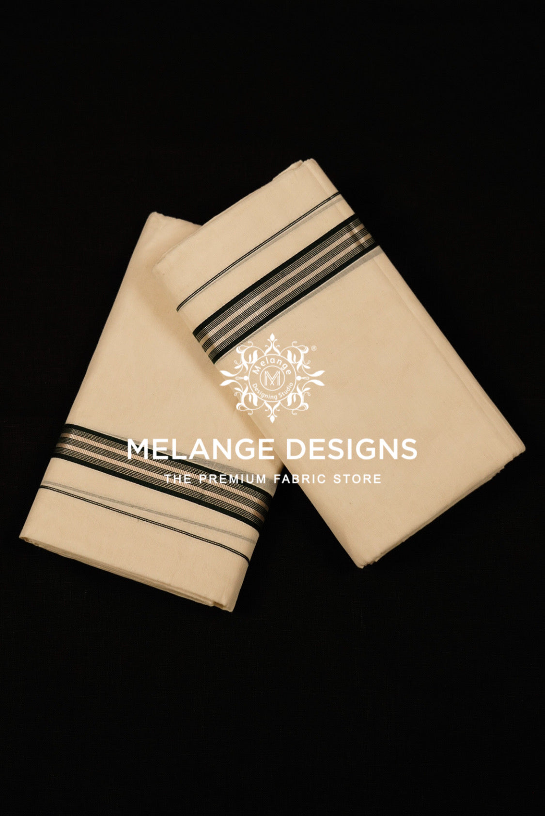 Premium Cotton Dhoti For Men Cream with Deep Green Multi-Stripe Border.