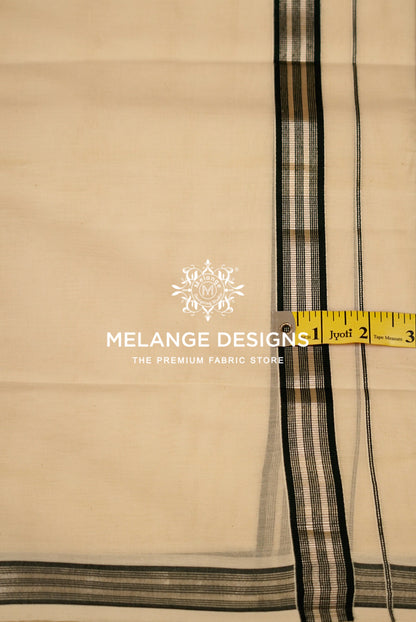 Premium Cotton Dhoti For Men Cream with Deep Green Multi-Stripe Border Close Up.