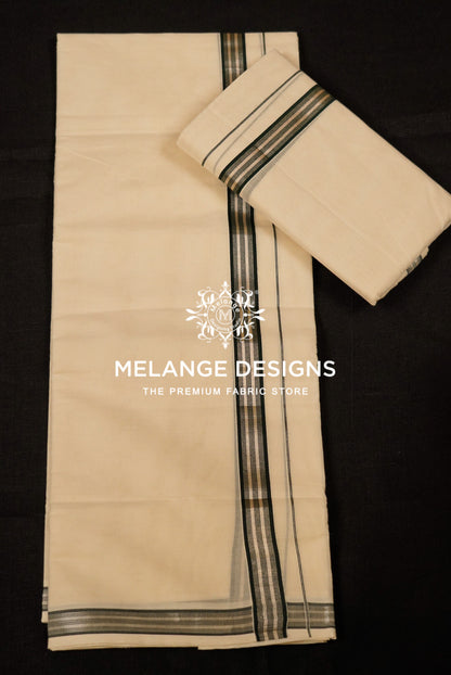 Premium Cotton Dhoti For Men Cream with Deep Green Multi-Stripe Border Full View.