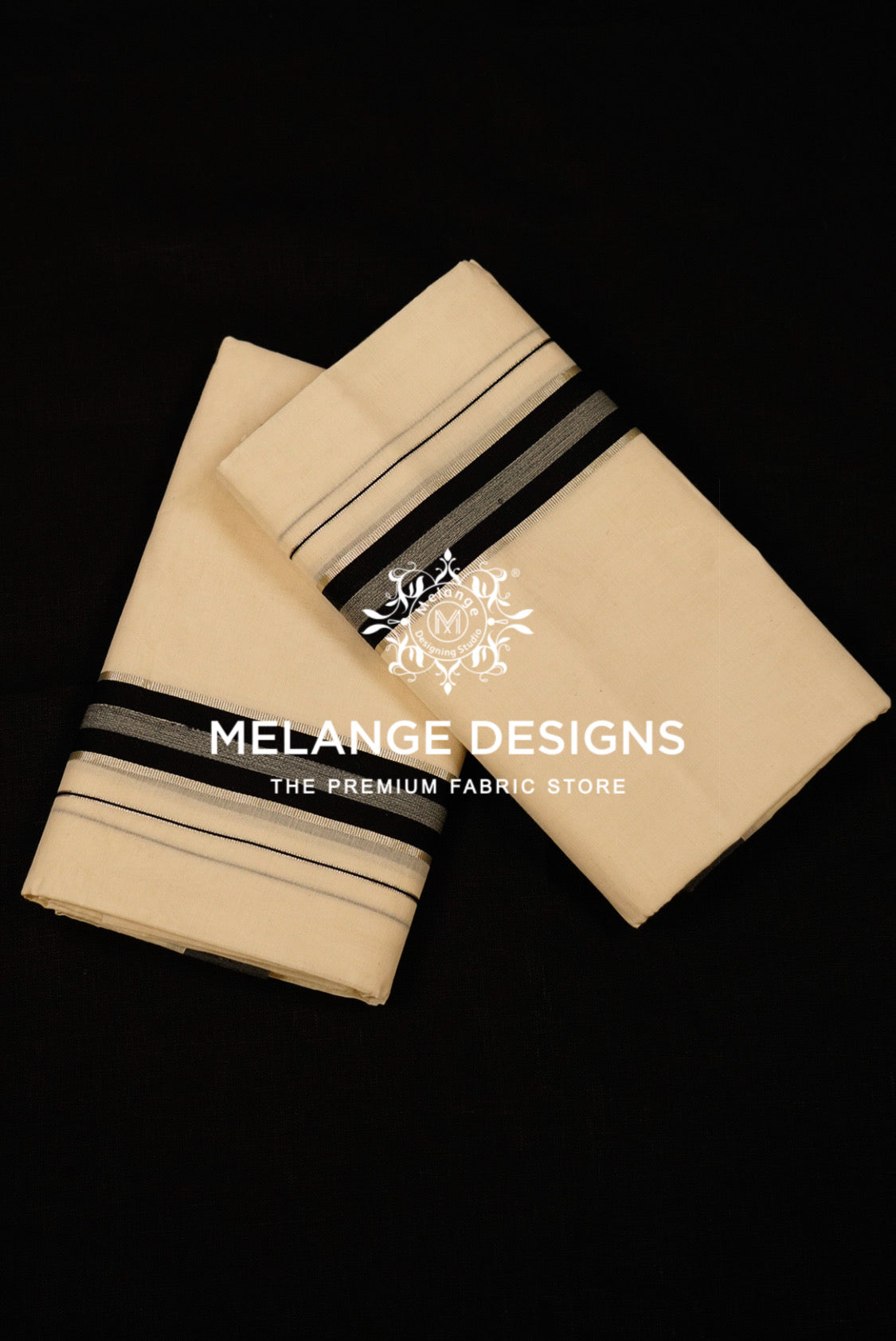 Premium Cotton Dhoti For Men Cream with Black & Silver Double-Stripe Border.