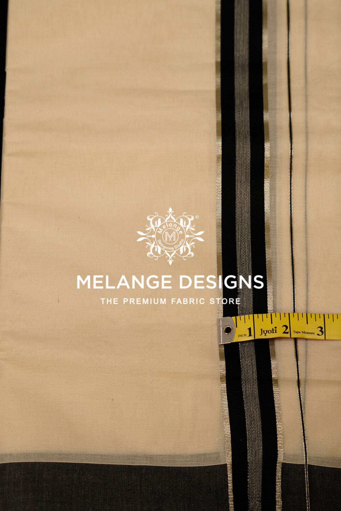 Premium Cotton Dhoti For Men Cream with Black & Silver Double-Stripe Border Close Up.