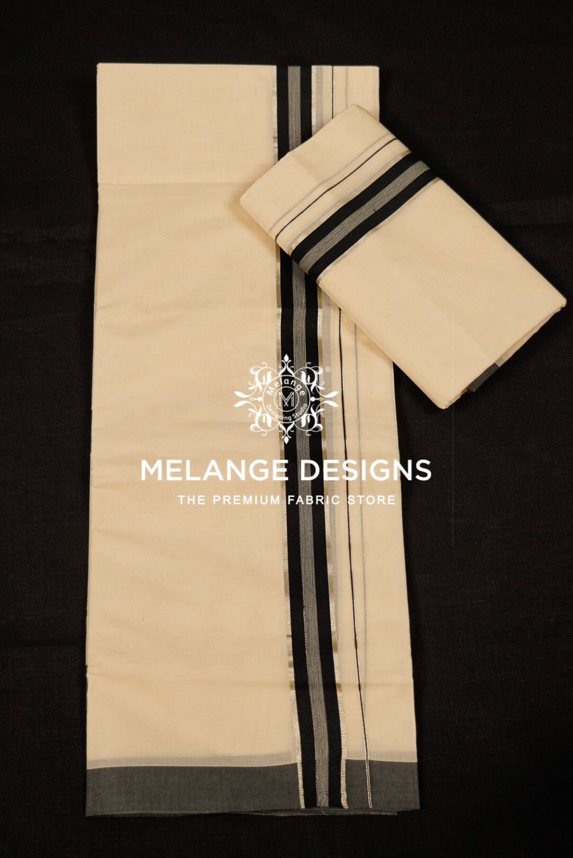 Premium Cotton Dhoti For Men Cream with Black & Silver Double-Stripe Border Full View.