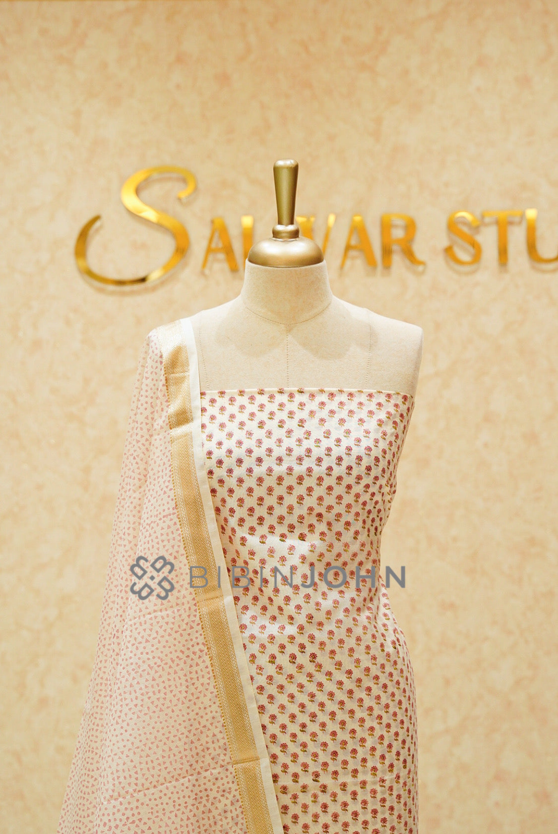 Printed Chanderi Unstitched Salwar Suits Material Ivory and Blush Pink CLOSE VIEW