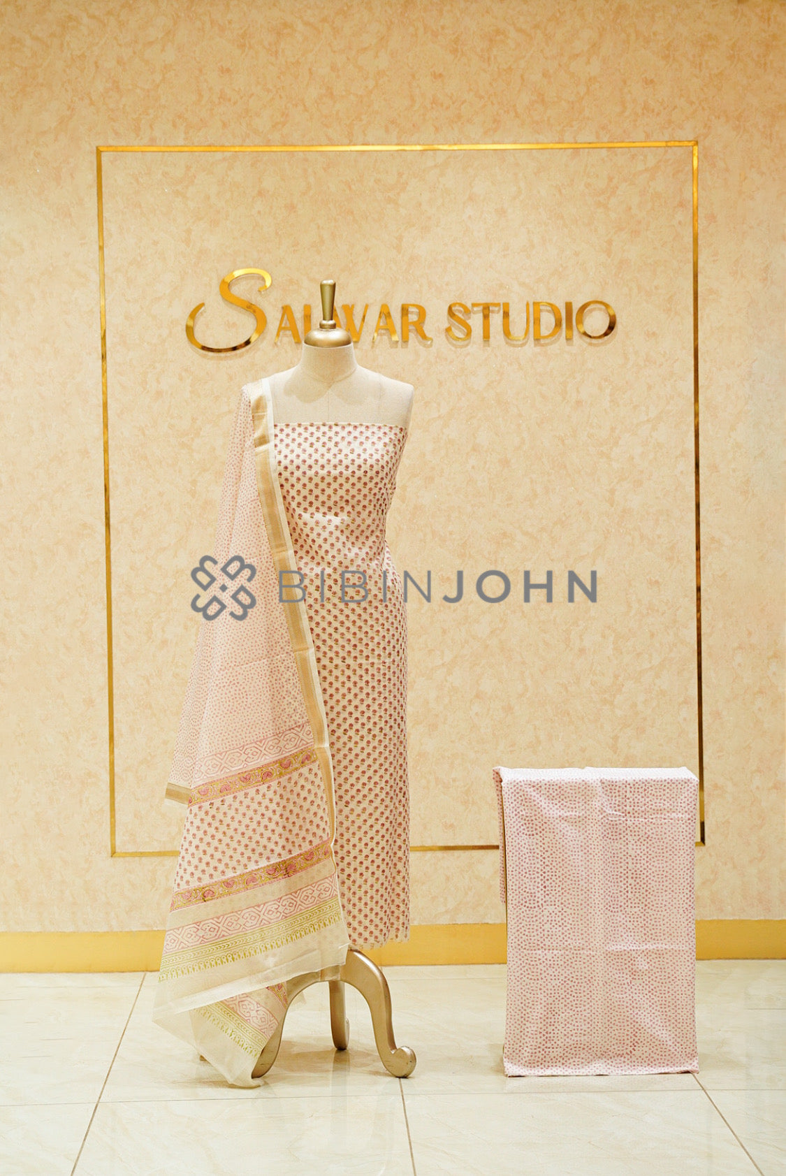 Printed Chanderi Unstitched Salwar Suits Material Ivory and Blush Pink