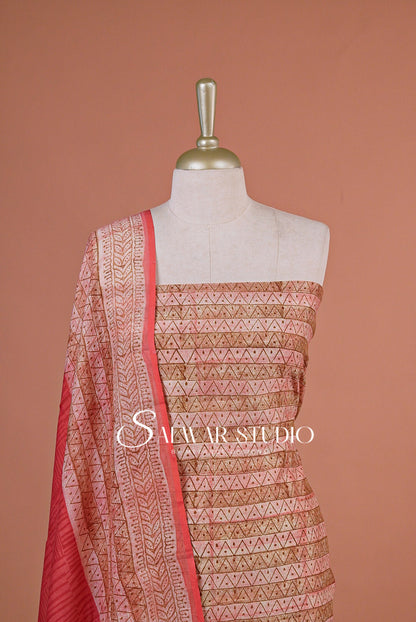 Printed Chanderi Unstitched Salwar Suit Dress Material Red AC0204