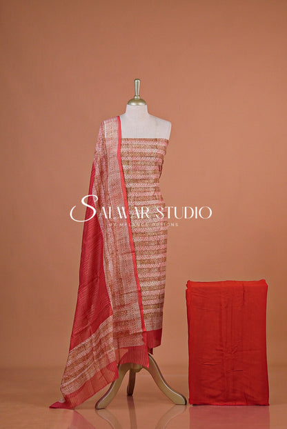 Printed Chanderi Unstitched Salwar Suit Dress Material Red AC0204