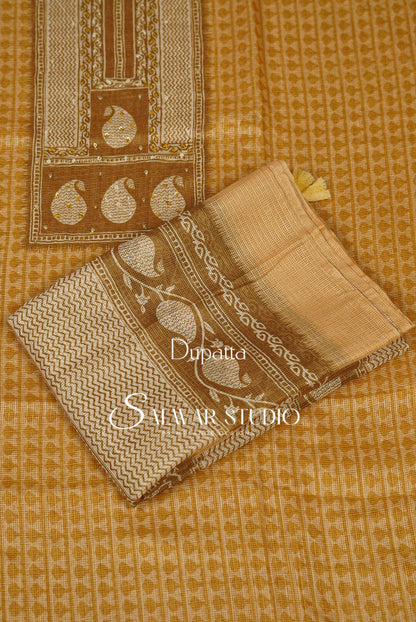 Printed Cotta Unstitched Salwar Suit Dress Material Mustard Gold AC0181