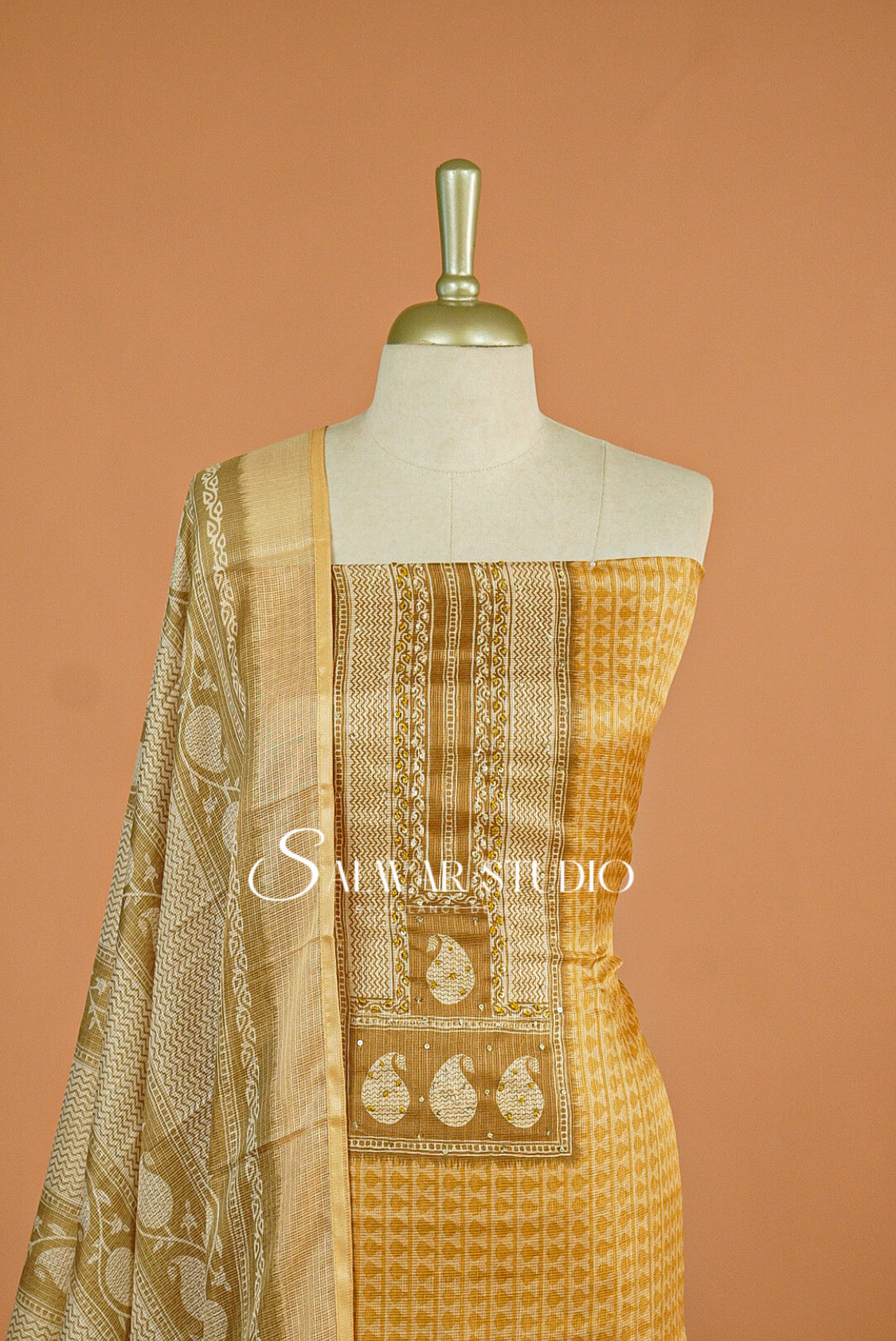 Printed Cotta Unstitched Salwar Suit Dress Material Mustard Gold AC0181