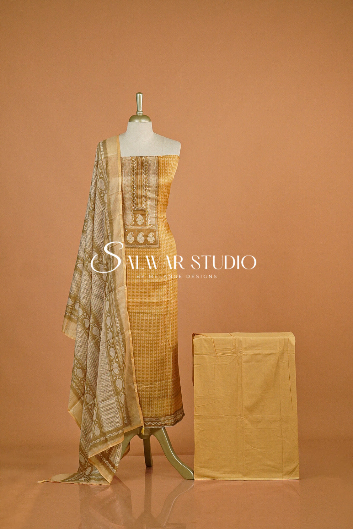 Printed Cotta Unstitched Salwar Suit Dress Material Mustard Gold AC0181