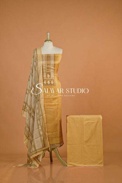 Printed Cotta Unstitched Salwar Suit Dress Material Mustard Gold AC0181