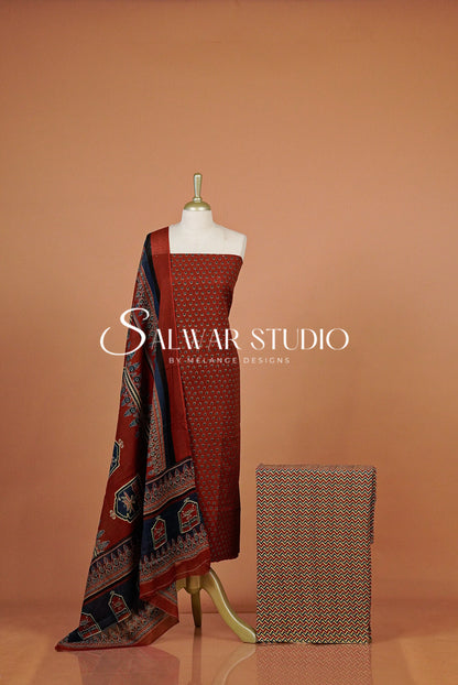 Printed Cotton Unstitched Salwar Suit Dress Material Rust-Red AC0336