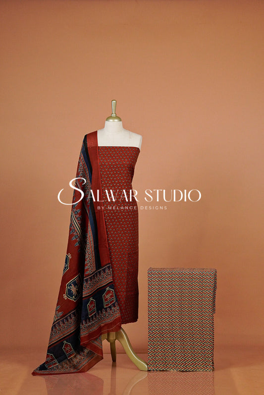 Printed Cotton Unstitched Salwar Suit Dress Material Rust-Red AC0336