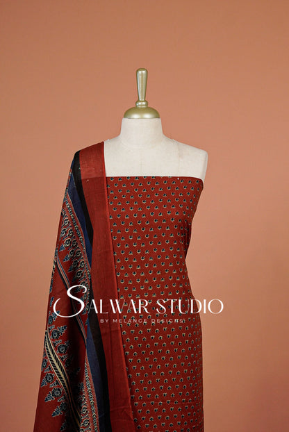 Printed Cotton Unstitched Salwar Suit Dress Material Rust-Red AC0336