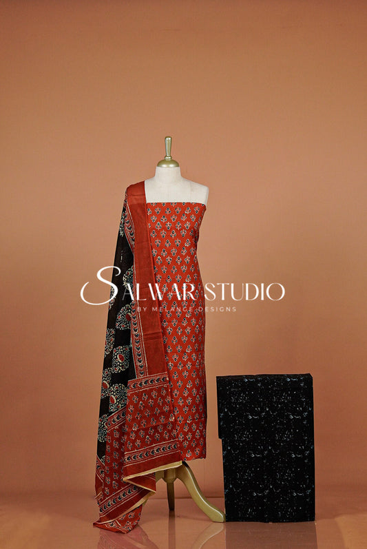 Printed Cotton Unstitched Salwar Suit Dress Material Burnt Orange AC0341