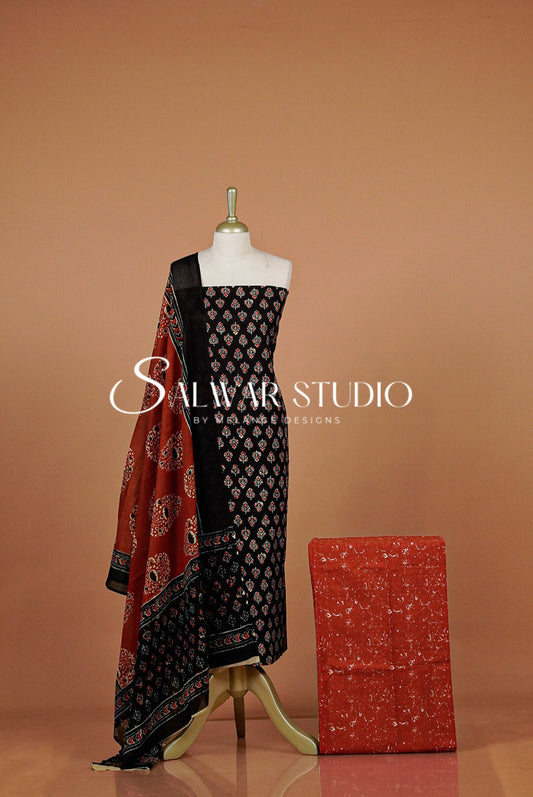 Printed Cotton Unstitched Salwar Suit Dress Material Black AC0342