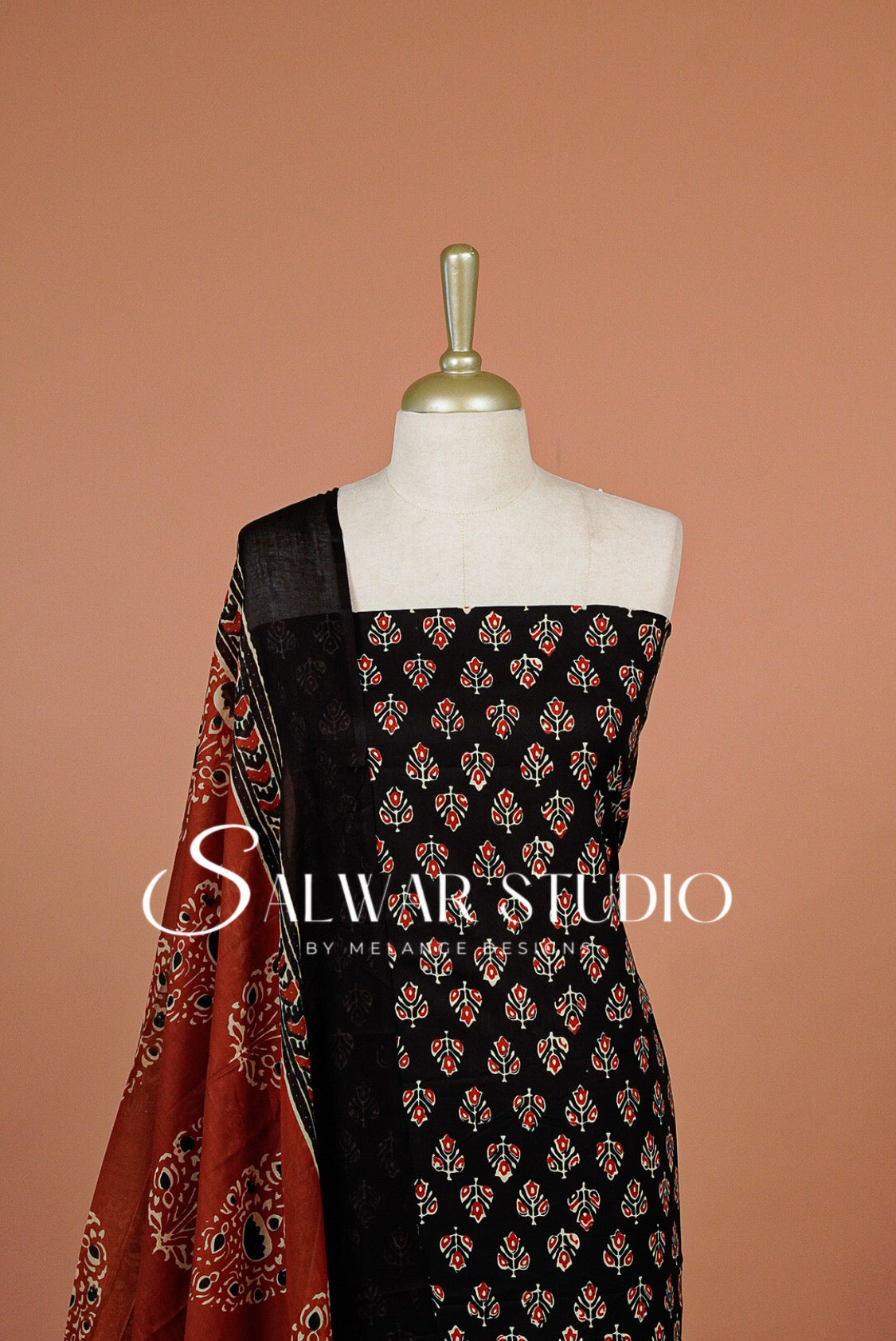 Printed Cotton Unstitched Salwar Suit Dress Material Black AC0342