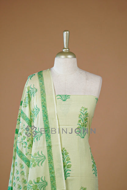 Printed Cotton Unstitched Salwar Suit Material Pale Lemon Green Close View.