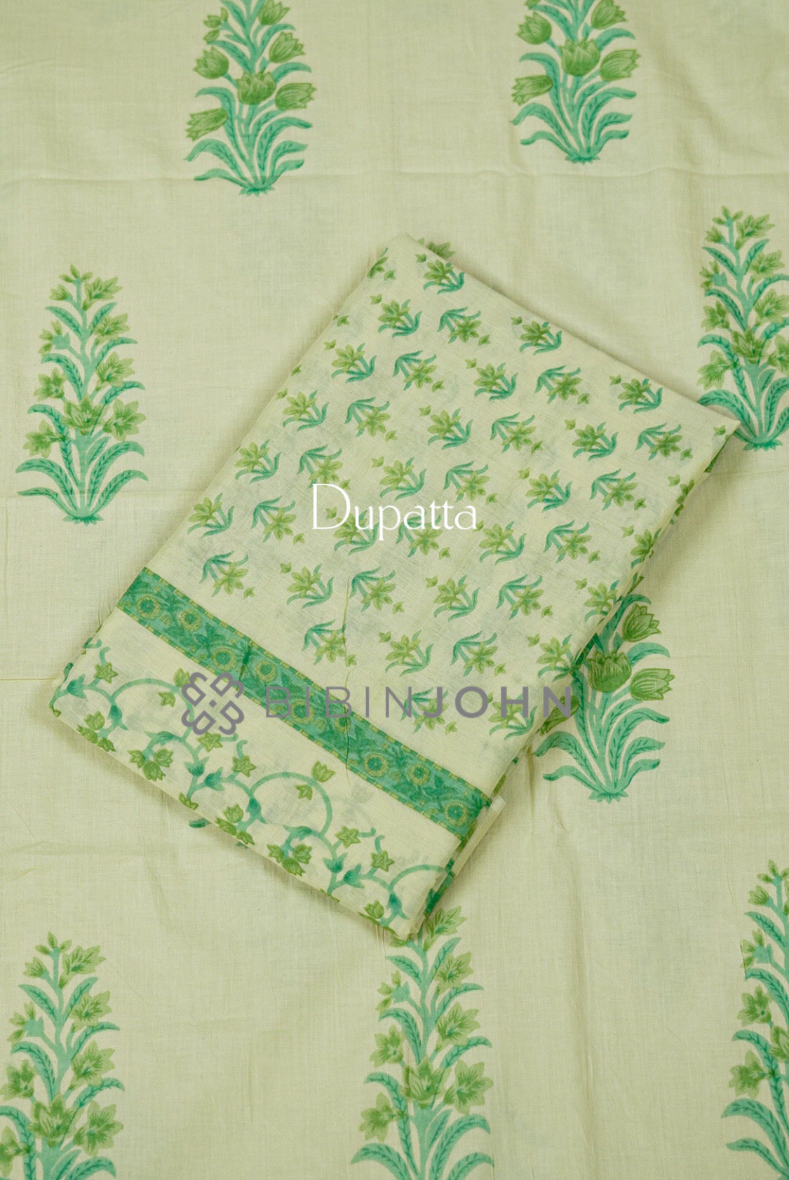 Printed Cotton Unstitched Salwar Suit Material Pale Lemon Green Dupatta.