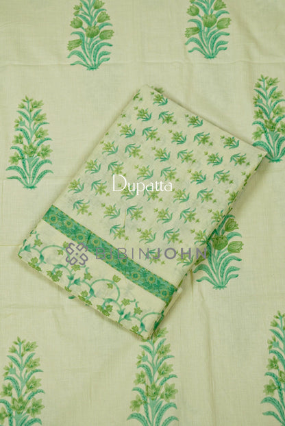 Printed Cotton Unstitched Salwar Suit Material Pale Lemon Green Dupatta.