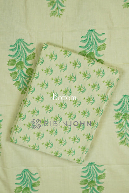 Printed Cotton Unstitched Salwar Suit Material Pale Lemon Green Bottom