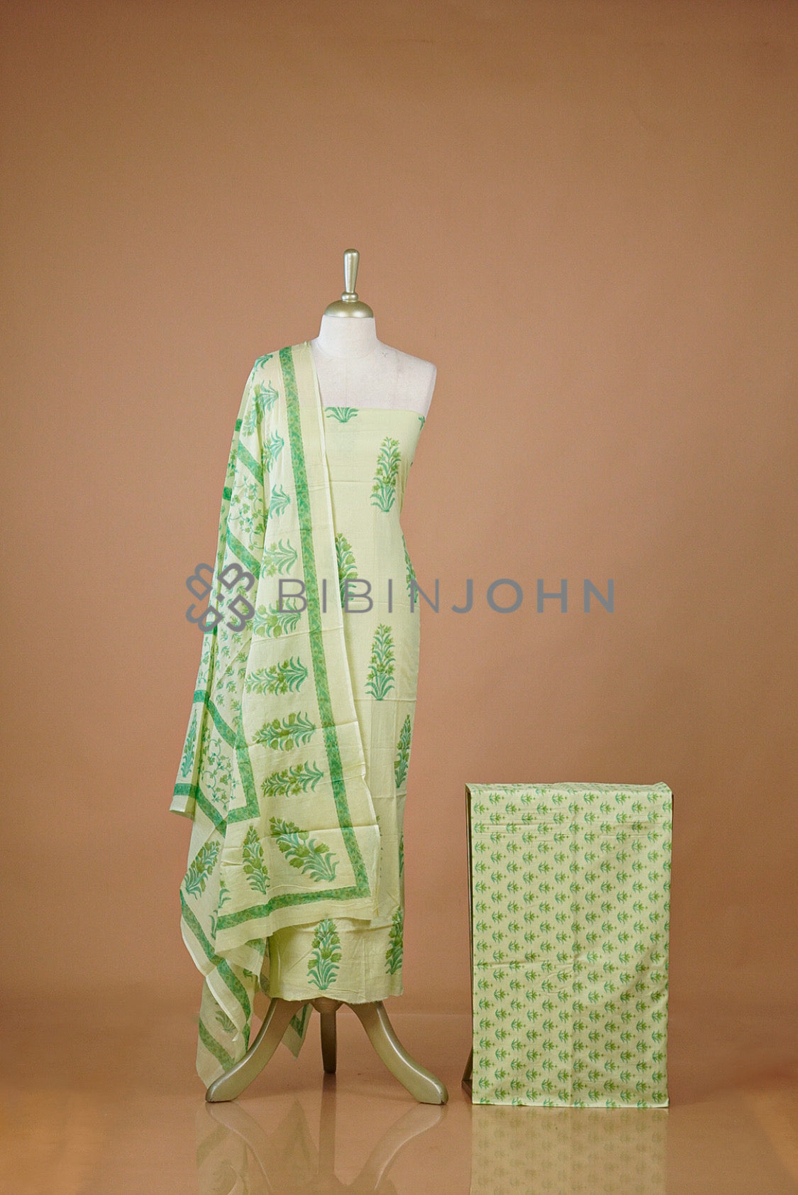 Printed Cotton Unstitched Salwar Suit Material Pale Lemon Green
