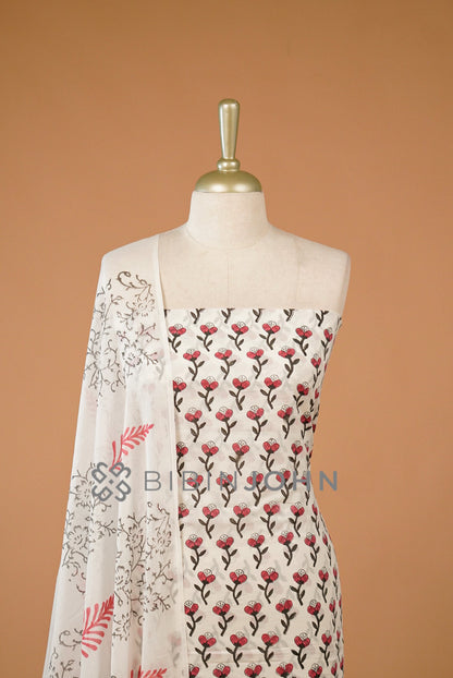 Printed Cotton Unstitched Salwar Suit Material Ivory CLOSE VIEW