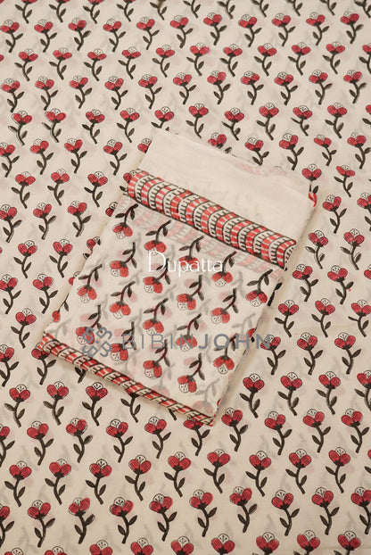 Printed Cotton Unstitched Salwar Suit Material Ivory DUPATTA