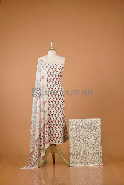 Printed Cotton Unstitched Salwar Suit Material Ivory