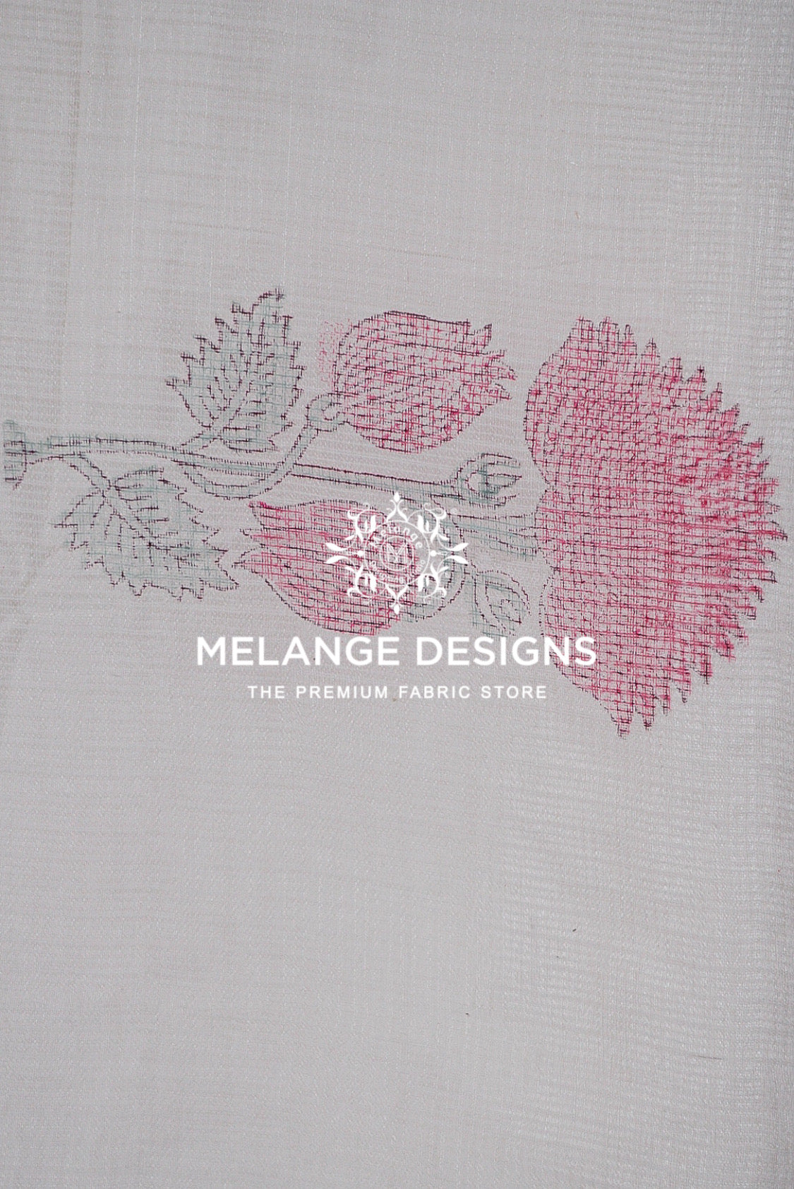 A close-up of a white textured Printed Cotton Cotta Fabric featuring a pink and gray floral block print. 