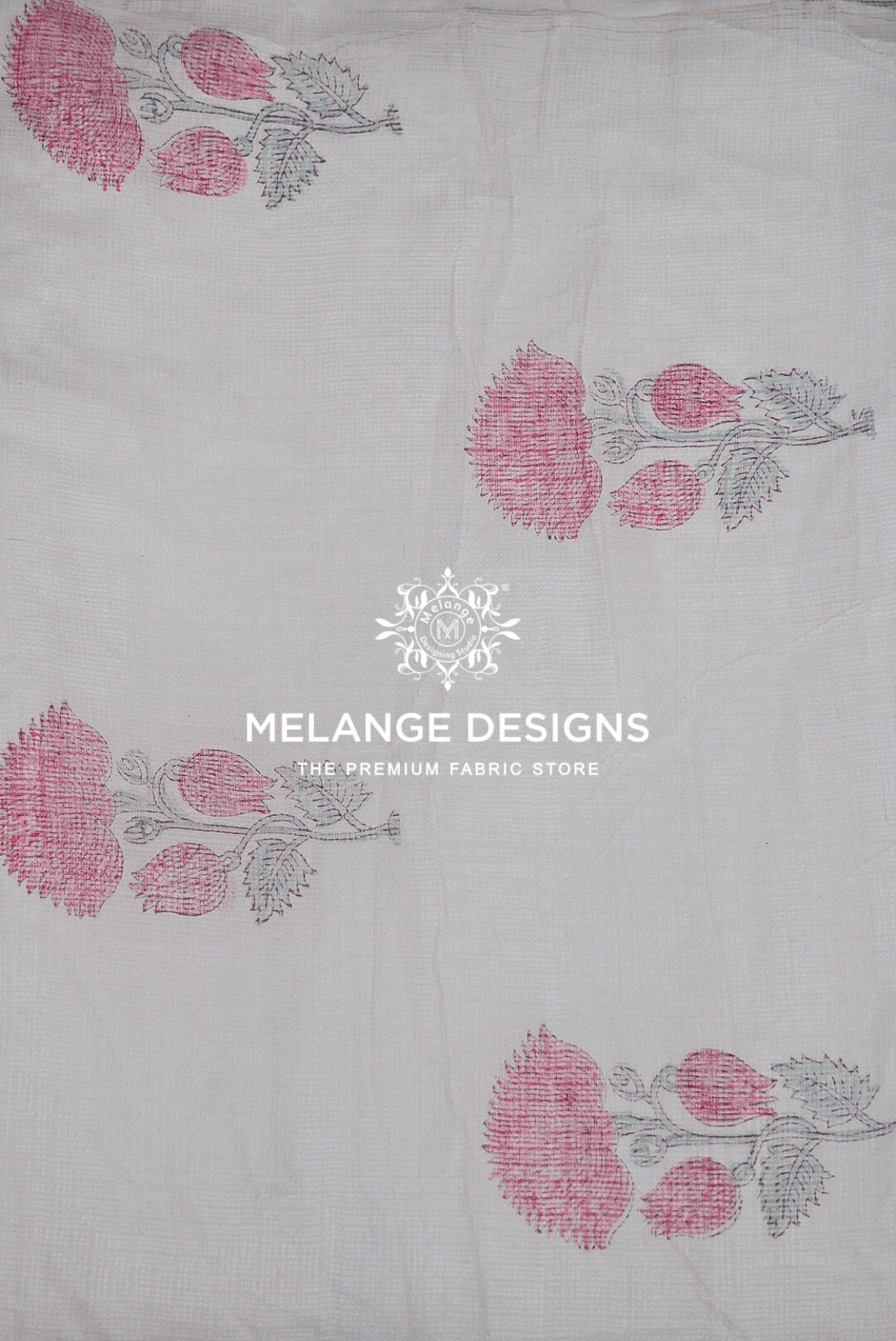 White cotton Printed Cotton Cotta Fabric with pink and gray floral block prints, featuring.