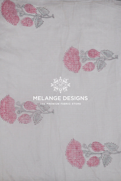 White cotton Printed Cotton Cotta Fabric with pink and gray floral block prints, featuring.
