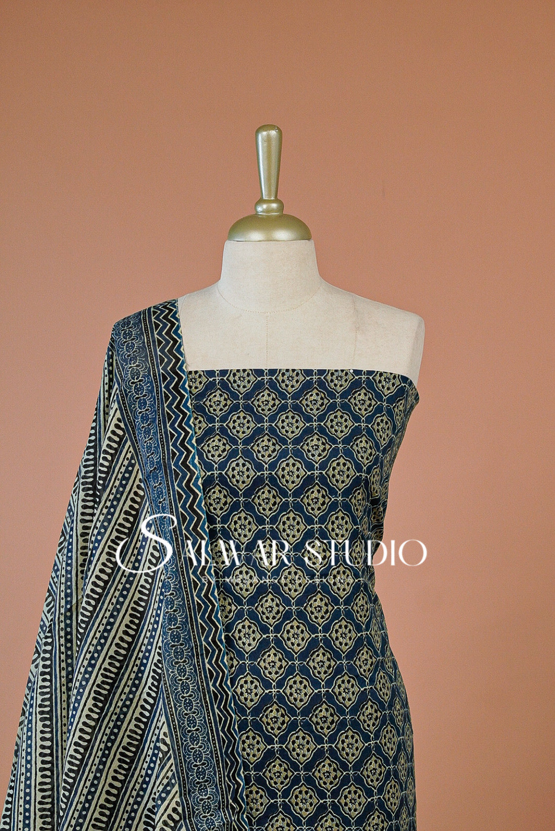 Printed Cotton Unstitched Salwar Suit Dress Material Prussian Blue AC0252