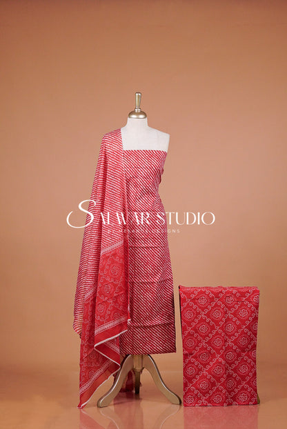 Printed Cotton Unstitched Salwar Suit Material Red .