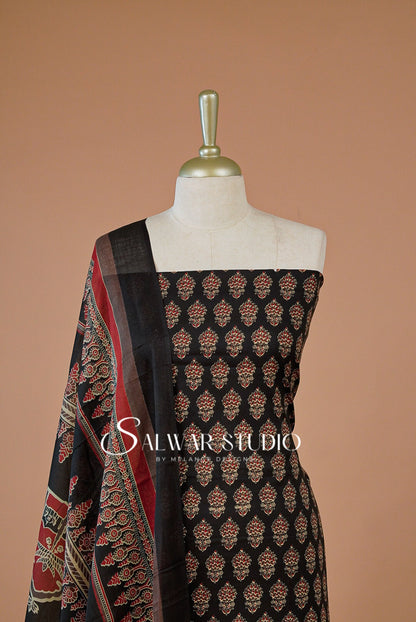 Printed Cotton Unstitched Salwar Suit Dress Material Black AC0219