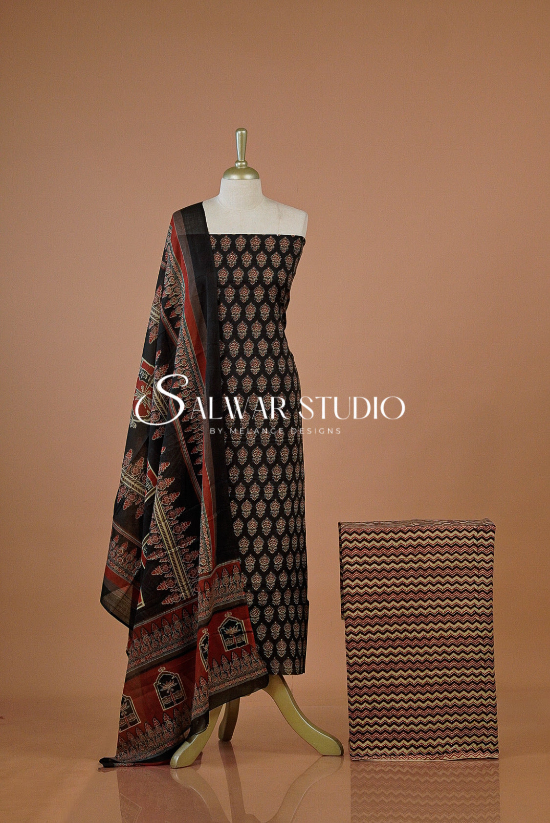Printed Cotton Unstitched Salwar Suit Dress Material Black AC0219