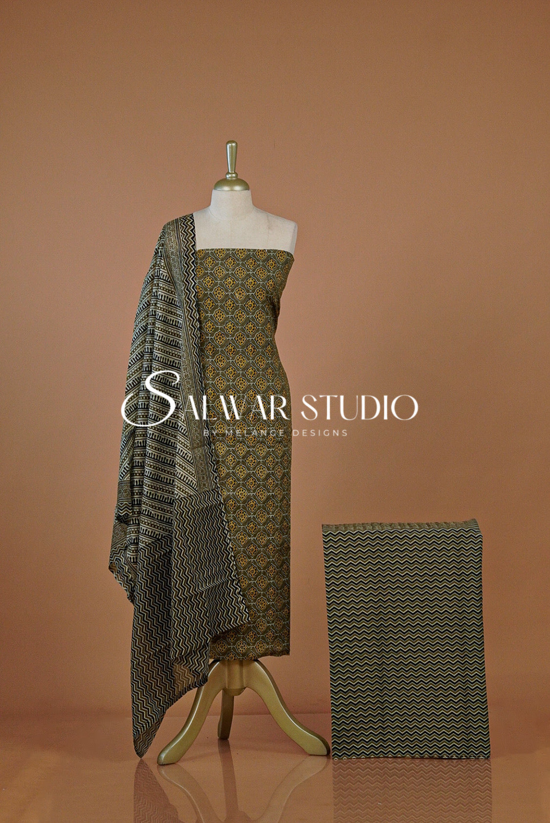 Printed Cotton Unstitched Salwar Suit Dress Material Dark Olive Green AC0251