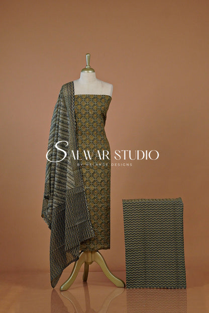 Printed Cotton Unstitched Salwar Suit Dress Material Dark Olive Green AC0251