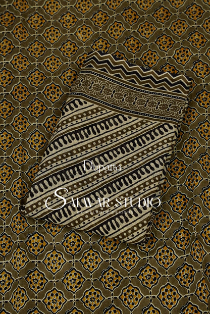 Printed Cotton Unstitched Salwar Suit Dress Material Dark Olive Green AC0251