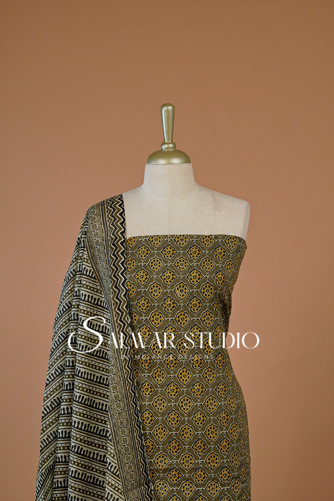 Printed Cotton Unstitched Salwar Suit Dress Material Dark Olive Green AC0251