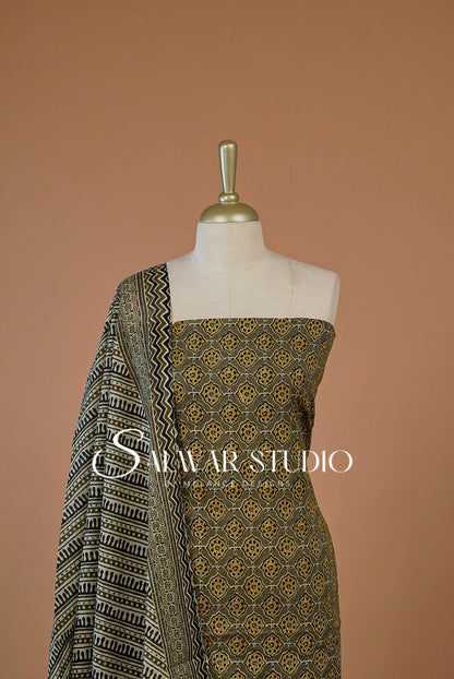Printed Cotton Unstitched Salwar Suit Dress Material Dark Olive Green AC0251