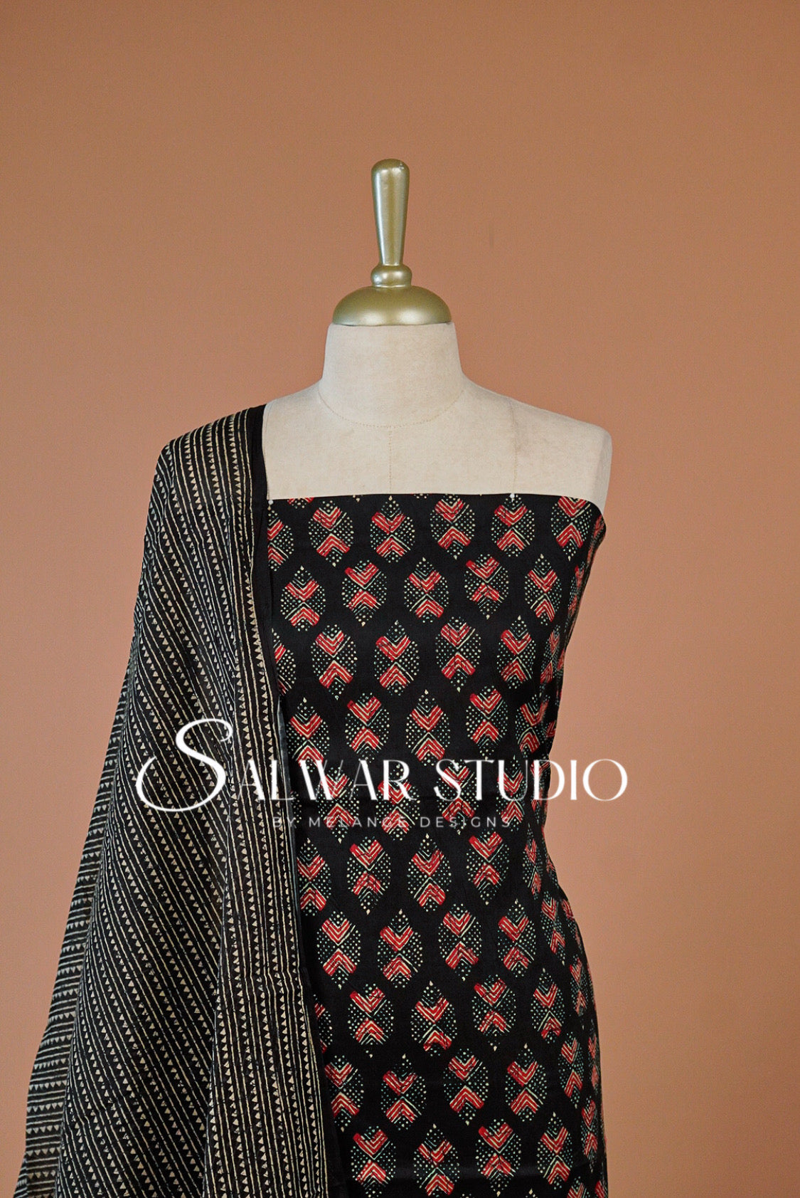 Printed Cotton Unstitched Salwar Suit Dress Material Black AC0259