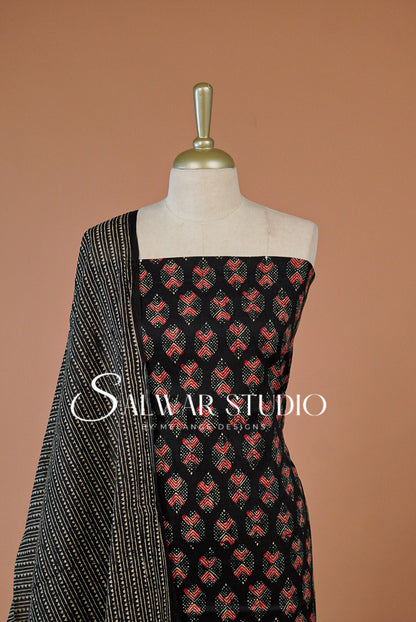 Printed Cotton Unstitched Salwar Suit Dress Material Black AC0259