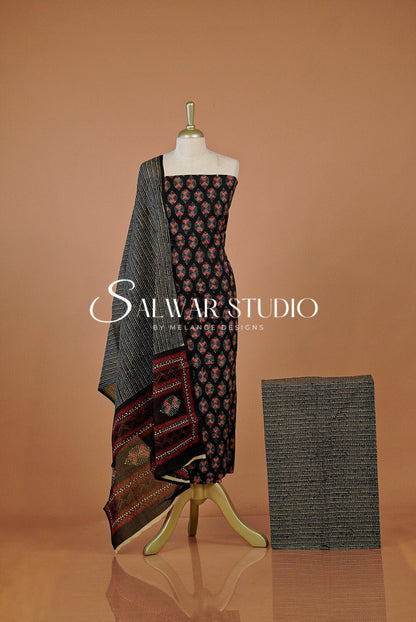 Printed Cotton Unstitched Salwar Suit Dress Material Black AC0259