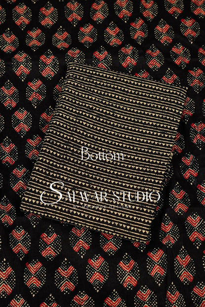 Printed Cotton Unstitched Salwar Suit Dress Material Black AC0259