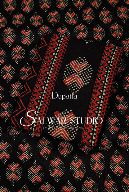 Printed Cotton Unstitched Salwar Suit Dress Material Black AC0259
