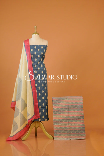 Printed Cotton Unstitched Salwar Suit Dress Material Steel Blue AC0278
