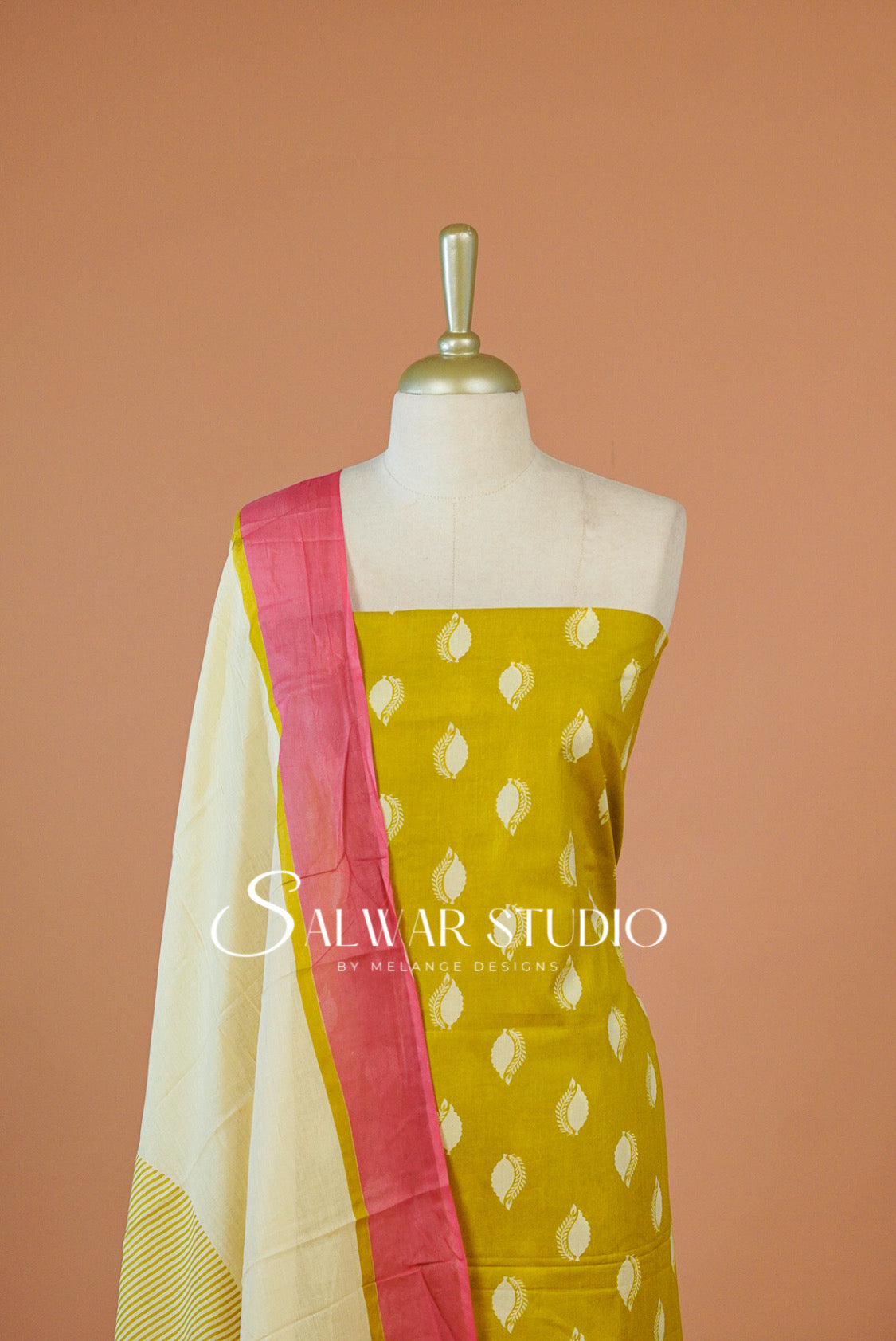 Printed Cotton Unstitched Salwar Suit Dress Material Lemon Yellow closeup view